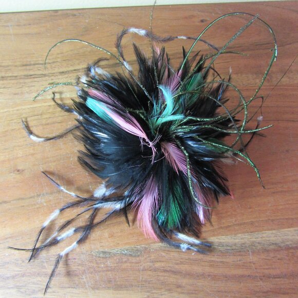feather flower hair clip or brooch Fascinator hand made by ME! Black pink (445A) - Picture 1 of 5